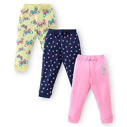 Babyhug Cotton Lycra Knit Full Length Leggings with Stretch & Butterfly & Heart Printed Pack of 3 - Pink Blue & Yellow