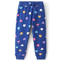 Babyhug Cotton Looper Knit Full Length Lounge Pant with Bow Applique & Heart Print - Navy Blue