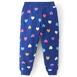 Babyhug Cotton Looper Knit Full Length Lounge Pant with Bow Applique & Heart Print - Navy Blue