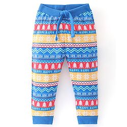 Babyhug Cotton Looper Knit Full Length Lounge Pant Christmas Theme Print - Yellow & Blue