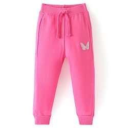 Babyhug Cotton Looper Knit Full Length Glittery Butterfly Detailing Lounge Pant - Pink