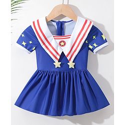 Babyhug Half Sleeves Frock Swimsuit Star Print & Applique - Blue