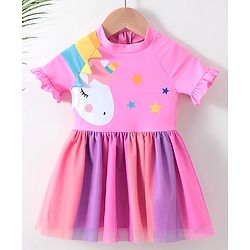 Babyhug Half Sleeves Frock Swimsuit Unicorn Print - Pink