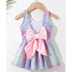Babyhug Sleeveless Shell Print Frock Swimsuit With Bow Applique -Blue