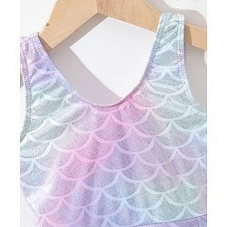 Babyhug Sleeveless Shell Print Frock Swimsuit With Bow Applique -Blue