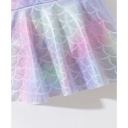 Babyhug Sleeveless Shell Print Frock Swimsuit With Bow Applique -Blue