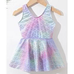 Babyhug Sleeveless Shell Print Frock Swimsuit With Bow Applique -Blue
