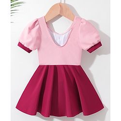 Babyhug Half Sleeves Solid Color Frock Swimsuit Bow Applique - Maroon