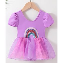 Babyhug Half Sleeves Sequined  Frock Swimsuit - Purple