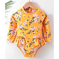 Babyhug Full Sleeves V Cut Swimsuit Floral Print - Yellow