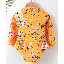 Babyhug Full Sleeves V Cut Swimsuit Floral Print - Yellow