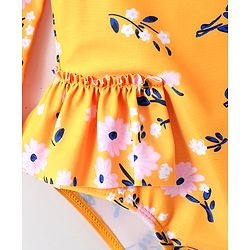 Babyhug Full Sleeves V Cut Swimsuit Floral Print - Yellow