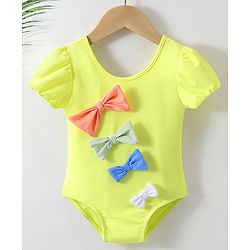 Babyhug Half Sleeves V Cut Swimsuit Bow Applique - Yellow