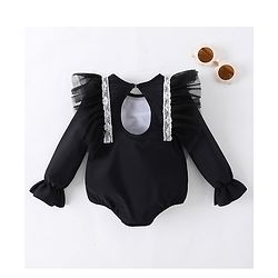 Babyhug Full Sleeves V Cut Swimsuit With Frill & Lace Applique - Black