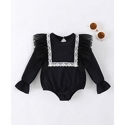Babyhug Full Sleeves V Cut Swimsuit With Frill & Lace Applique - Black