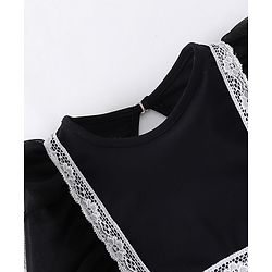 Babyhug Full Sleeves V Cut Swimsuit With Frill & Lace Applique - Black