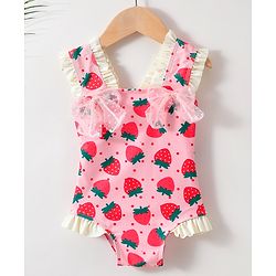 Babyhug Sleeveless V Cut Swimsuit With Frill & Bow Applique Strawberry Print - Pink