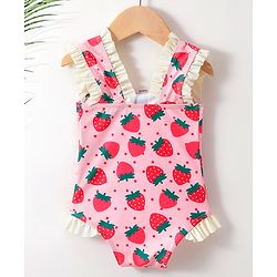 Babyhug Sleeveless V Cut Swimsuit With Frill & Bow Applique Strawberry Print - Pink
