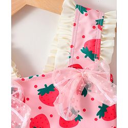 Babyhug Sleeveless V Cut Swimsuit With Frill & Bow Applique Strawberry Print - Pink