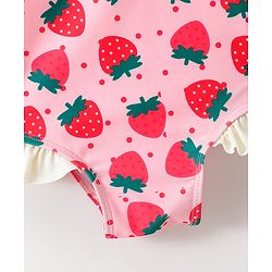 Babyhug Sleeveless V Cut Swimsuit With Frill & Bow Applique Strawberry Print - Pink