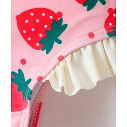 Babyhug Sleeveless V Cut Swimsuit With Frill & Bow Applique Strawberry Print - Pink