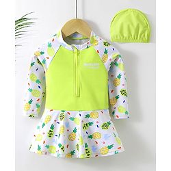 Babyhug Full Sleeves Frock Swimsuit with Cap Fruit Print - Green