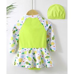 Babyhug Full Sleeves Frock Swimsuit with Cap Fruit Print - Green