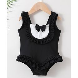 Babyhug Sleeveless V Cut Swimsuit With Frill & Bow Applique Solid Colour - Black