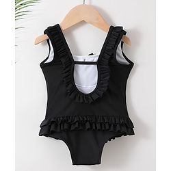 Babyhug Sleeveless V Cut Swimsuit With Frill & Bow Applique Solid Colour - Black