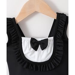 Babyhug Sleeveless V Cut Swimsuit With Frill & Bow Applique Solid Colour - Black