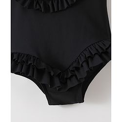 Babyhug Sleeveless V Cut Swimsuit With Frill & Bow Applique Solid Colour - Black