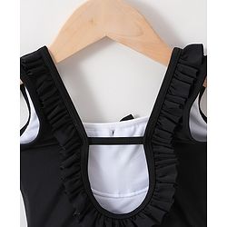 Babyhug Sleeveless V Cut Swimsuit With Frill & Bow Applique Solid Colour - Black