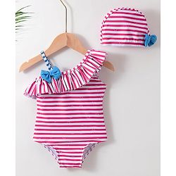Babyhug One Shoulder Striped V Cut Swimsuit with Cap - Red