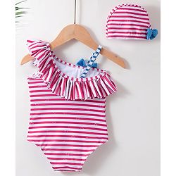 Babyhug One Shoulder Striped V Cut Swimsuit with Cap - Red