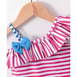 Babyhug One Shoulder Striped V Cut Swimsuit with Cap - Red