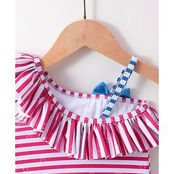 Babyhug One Shoulder Striped V Cut Swimsuit with Cap - Red
