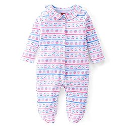 Babyhug Cotton Interlock Knit Full Sleeves Footed Sleep Suit Strawberry Print - White