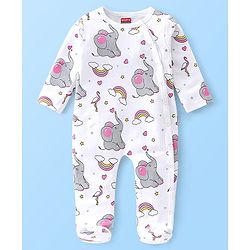 Babyhug Cotton Knit Full Sleeves Elephant Printed Footed Sleep Suit - White