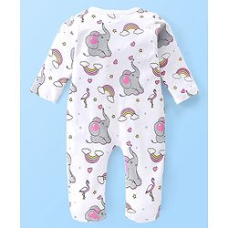 Babyhug Cotton Knit Full Sleeves Elephant Printed Footed Sleep Suit - White