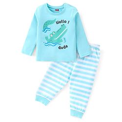 Babyhug Cotton Knit Full Sleeves Night Suit With Crocodile Print - Blue