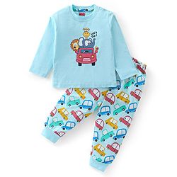 Babyhug Cotton Knit Full Sleeves Night Suit Jungle Safari Print - Blue