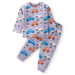 Babyhug Cotton Knit Full Sleeves Night Suit Car Print - Purple