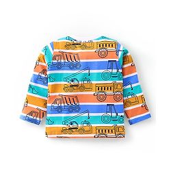 Babyhug Cotton Knit Full Sleeves Striped & Construction Vehicles Printed Night Suit - Multicolour