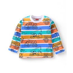 Babyhug Cotton Knit Full Sleeves Striped & Construction Vehicles Printed Night Suit - Multicolour