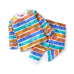 Babyhug Cotton Knit Full Sleeves Striped & Construction Vehicles Printed Night Suit - Multicolour