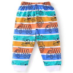 Babyhug Cotton Knit Full Sleeves Striped & Construction Vehicles Printed Night Suit - Multicolour