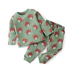 Babyhug Cotton Knit Full Sleeves Teddy Printed Night Suit - Green
