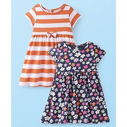 Babyhug Cotton Knit Half Sleeves Frock With Floral & Striped Print Pack Of 2 - Orange & Navy Blue