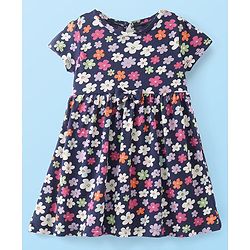 Babyhug Cotton Knit Half Sleeves Frock With Floral & Striped Print Pack Of 2 - Orange & Navy Blue
