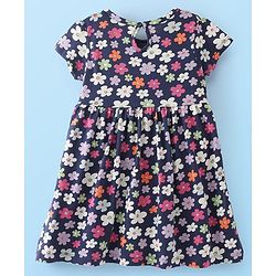 Babyhug Cotton Knit Half Sleeves Frock With Floral & Striped Print Pack Of 2 - Orange & Navy Blue
